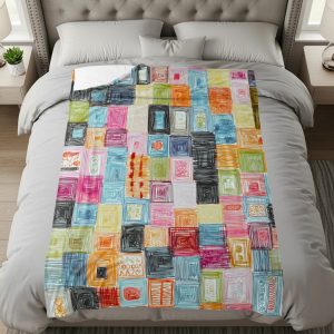 Colorful Sketch Art in Squared Frames Pattern Blankets