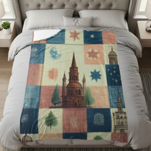 Patchwork Building Trees Star Graphic Illustration Blankets