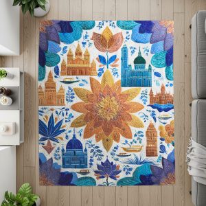 Artistic Watercrafts with Buildings Floral Motif Design Blankets