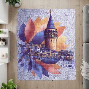 Galata Tower Artwork with Flowers and Cityscape Blankets