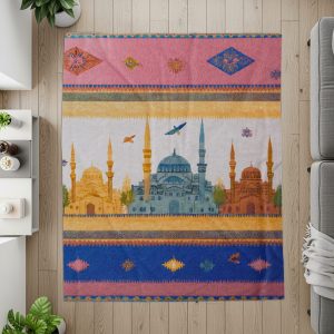 Detailed Cityscape With Birds In Flight Artistic Blankets
