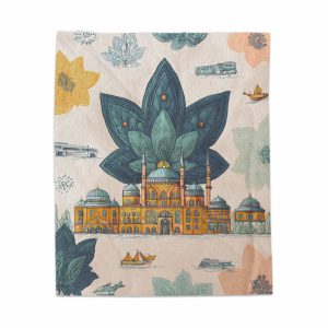 Illustrated Building With Floral And Transport Design Blankets